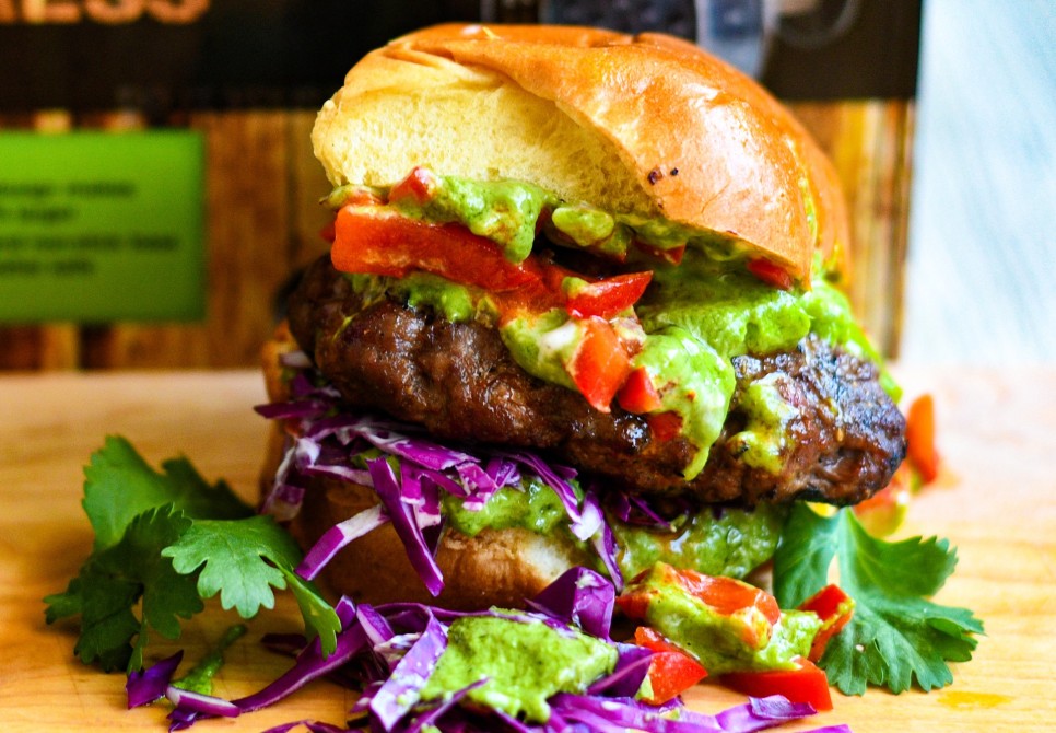 CHARD Burger Press Elk Burger with Spicy Green Tahini Sauce   Red Pepper Relish